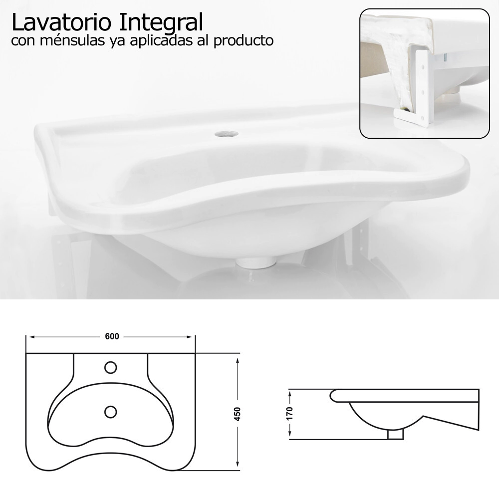 LAVATORIO INTEGRAL,  DIAMANTE (CORDENONS), 1 AGUJERO,  CON SOPorte metalico BLANCO