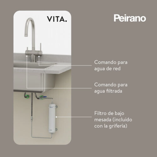 MONOCOMANDO PEIRANO, MESADA VITA 22175 ACERO BRUSCHED CON PURIFICADOR Y DOBLE LEVA