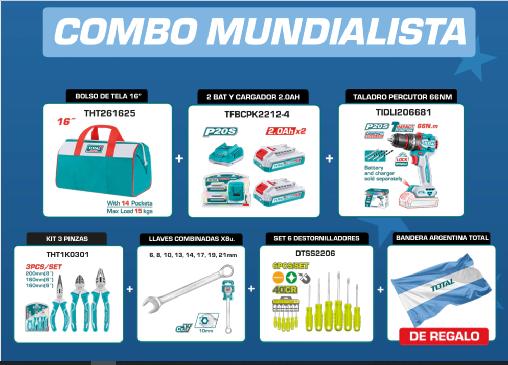 COMBO TOTAL HERRAMIENTAS ( BOLSO+2 BATERIAS C/CARGADOR +TALADRO PERCUTOR +KIT 3 PINZAS+LLAVE COMBINA