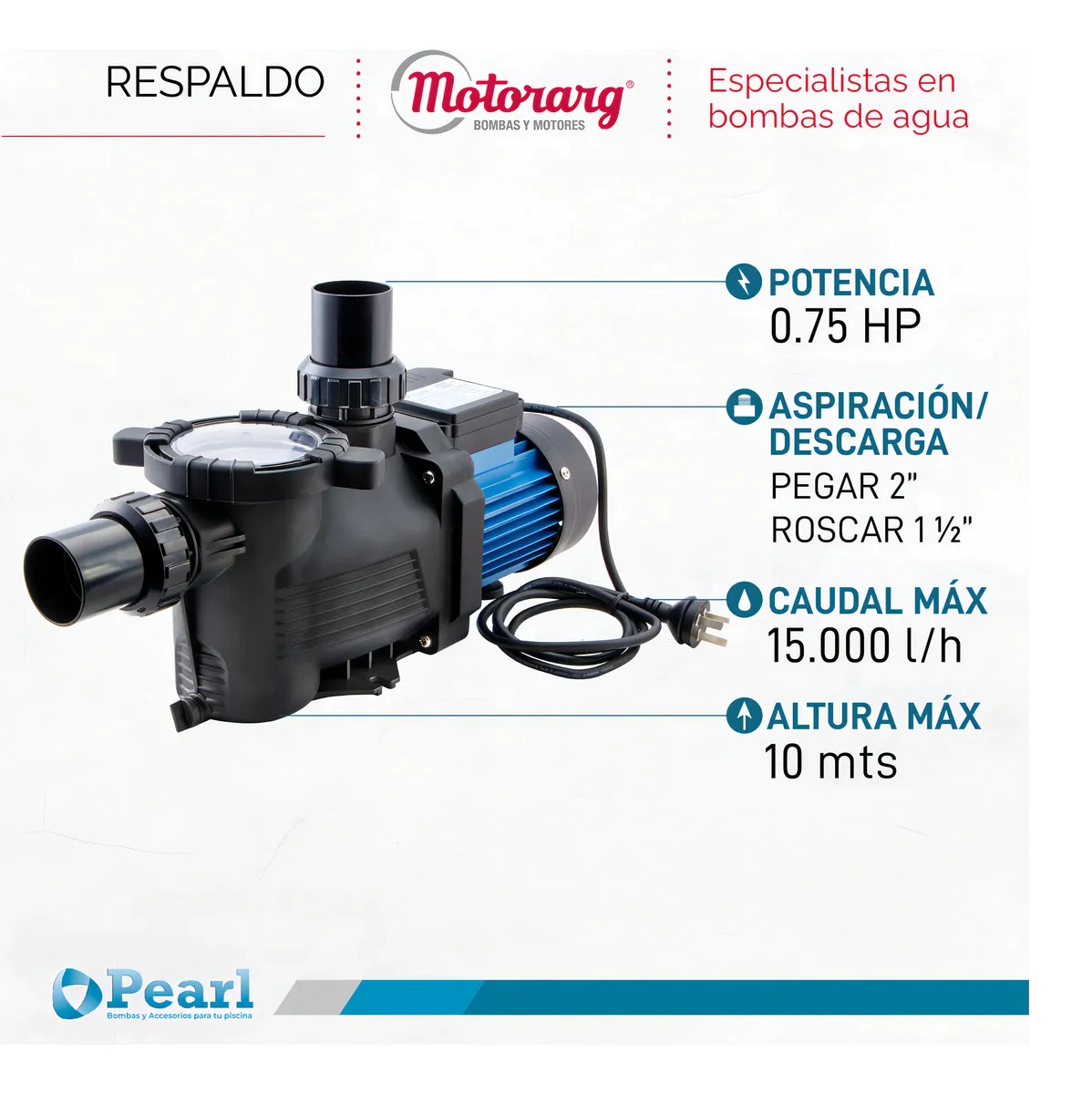 BOMBA PARA PISCINA  MINIPOOL75 PEARL 0,75hp **Hasta 70.000** Conexion 1-1/2 Caudal Max 15.000 Altura