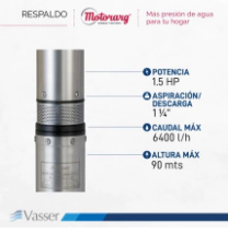 BOMBA SUMERGIBLE VASSER 4" BS4-150-2A 1.5 HP Caudal Maximo 6400 L/h   Alt Max 90mt  Conexion 1 1/4