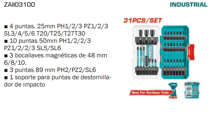 SET DE ACCESORIOS PARA ATORNILLADOR 31 PZ TOTAL TACSDL11306