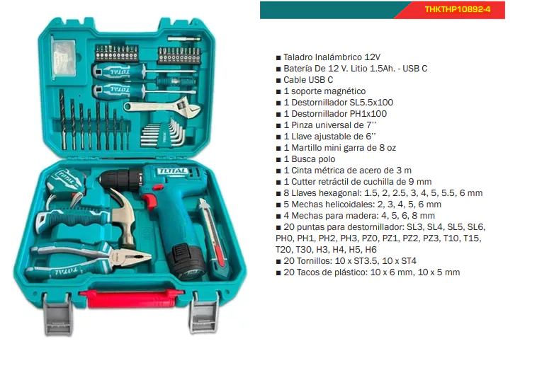 KIT TALADRO 12V+89 PCS ACCESORIOS  TOTAL (INCLUYE BATERIA  ) THKTHP10892-4