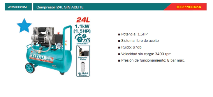 COMPRESOR 24L 1,5HP TOTAL MANDO DIRECTO (SIN ACEITE) TCS1110242-4