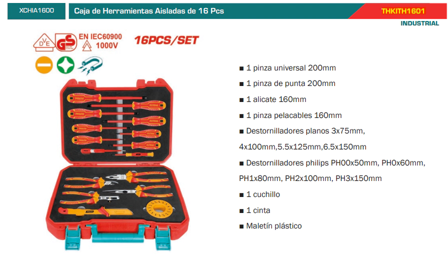 CAJA DE HERRAMIENTAS AISLADAS DE 16 PCS  TOTAL THKITH1601 (CAJA  ROJA)