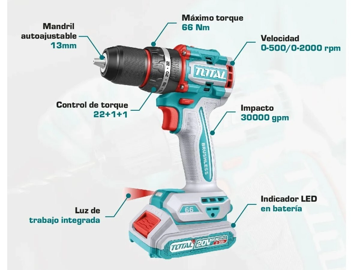TALADRO INALAMBRICO 20 V TOTAL INDUSTRIAL TDLI20668-4 (MALETIN C/2BATERIA)