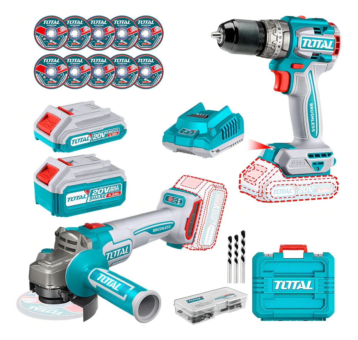 KIT TALADRO INALAMBRICO + AMOLADORA INALAMBRICA (CARGADOR Y BATERIA) TCKLI20273-4