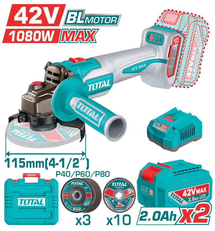 AMOLADORA INALAMBRICA 42V BL 1080W 115mm INDUSTRIAL TOTAL TAGLI4108112-4 (MALETIN, CARGADOR,�Y�2�BAT