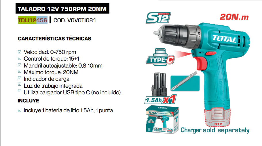 TALADRO INALAMBRICO 12 V TOTAL TDLI12456 C/ 1 BATERIA