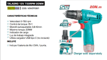 TALADRO INALAMBRICO 12 V TOTAL TDLI12456 C/ 1 BATERIA