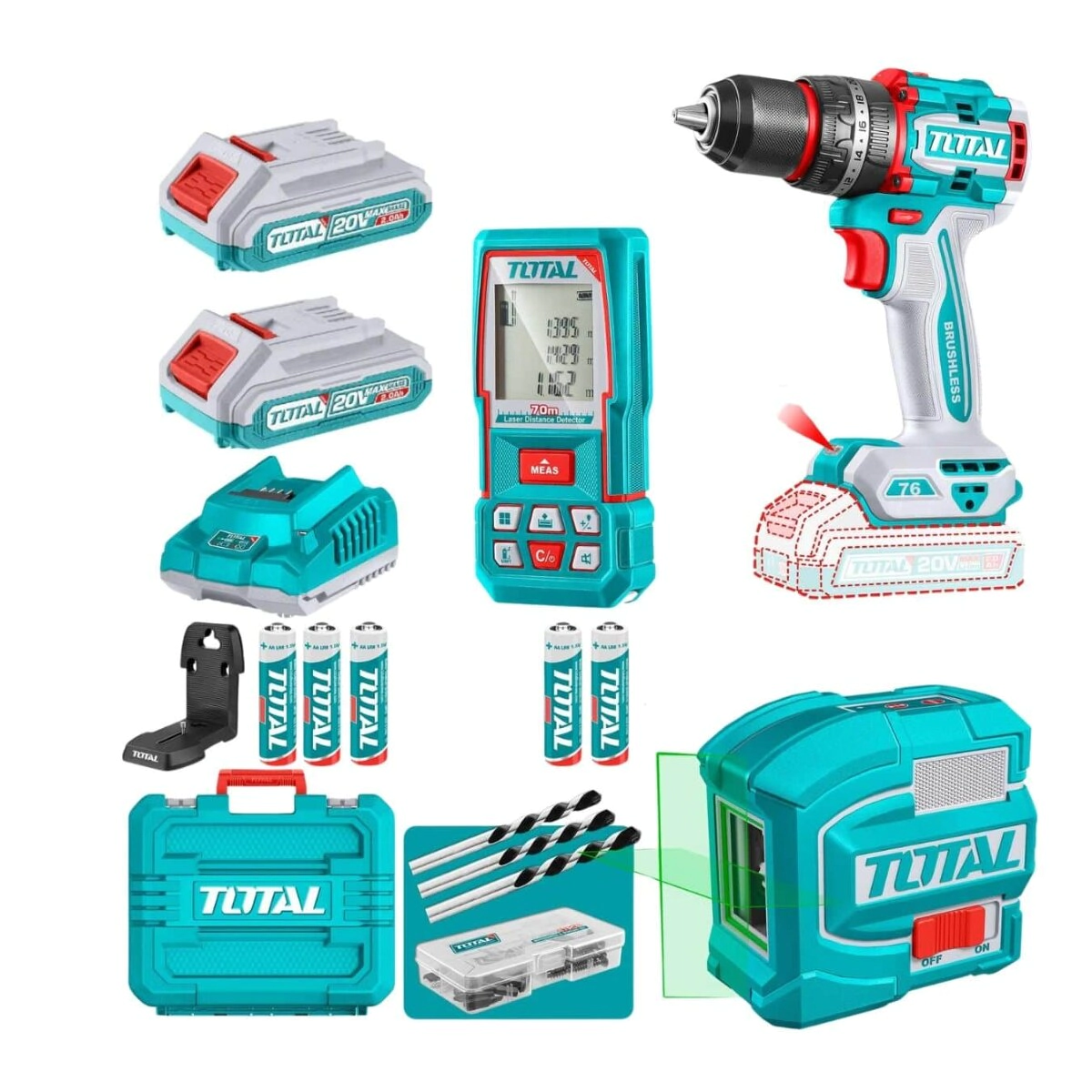 COMBO TOTAL TALADRO INALAMBRICO C/PERCUTOR + NIVEL LASER+MEDIDOR LASER TOSLI250511-4    INCLUYE CARG