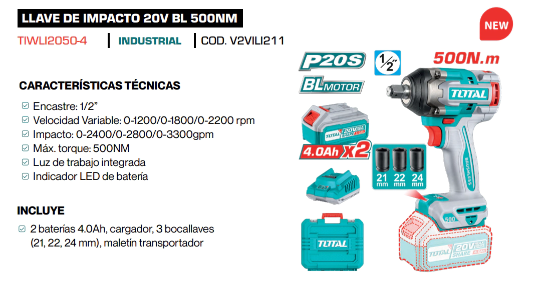 TALADRO INALAMBRICO DE IMPACTO 20 V -500Nm TOTAL INDUSTRIAL TIWLI2050-4 (CON 2 BATERIA Y  CARGADOR)